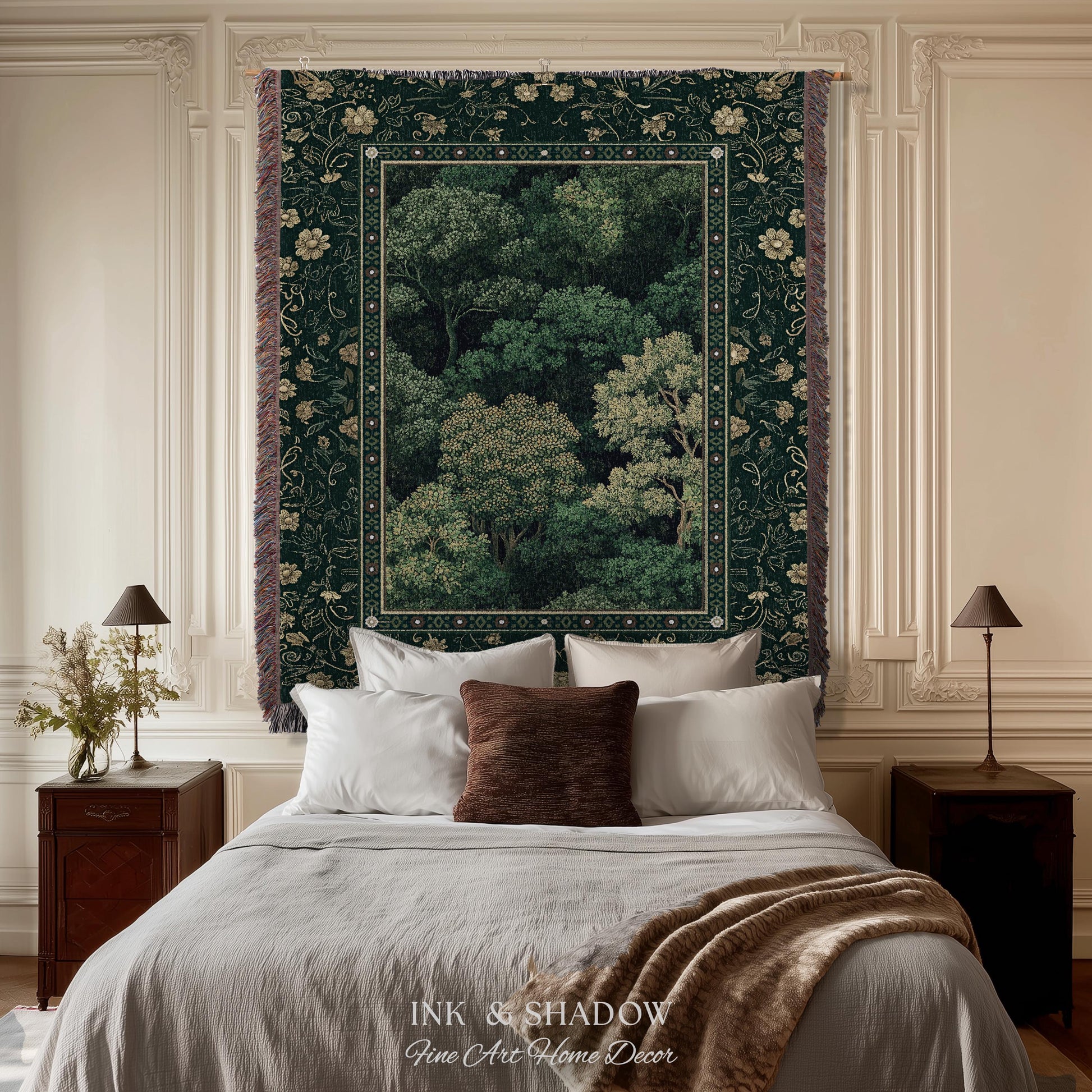 Lush Botanical Green Woven Blanket | Forest Theme Woodsy Aesthetic Living Room Green Home Decor Housewarming Gift Emerald Bedroom Tapestry |