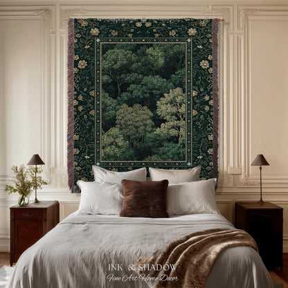 Lush Botanical Green Woven Blanket | Forest Theme Woodsy Aesthetic Living Room Green Home Decor Housewarming Gift Emerald Bedroom Tapestry |