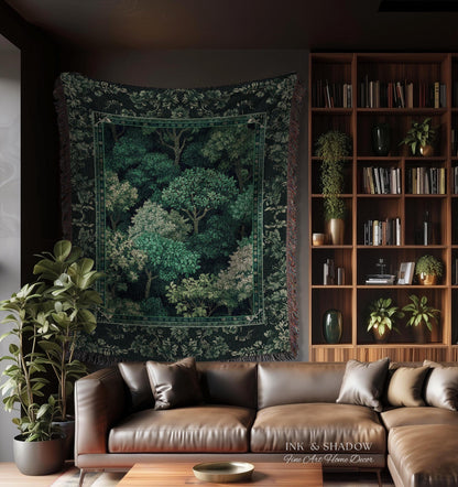 Verdant Greenery Botanical Woven Coverlet | Woodland Magical Aesthetic Living Room Green Tapestry Plant Loving Bedroom Blanket Gift Emerald