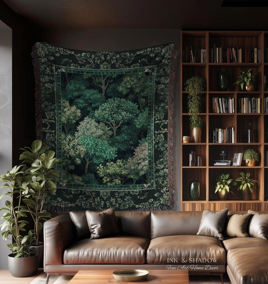Verdant Greenery Botanical Woven Coverlet | Woodland Magical Aesthetic Living Room Green Tapestry Plant Loving Bedroom Blanket Gift Emerald