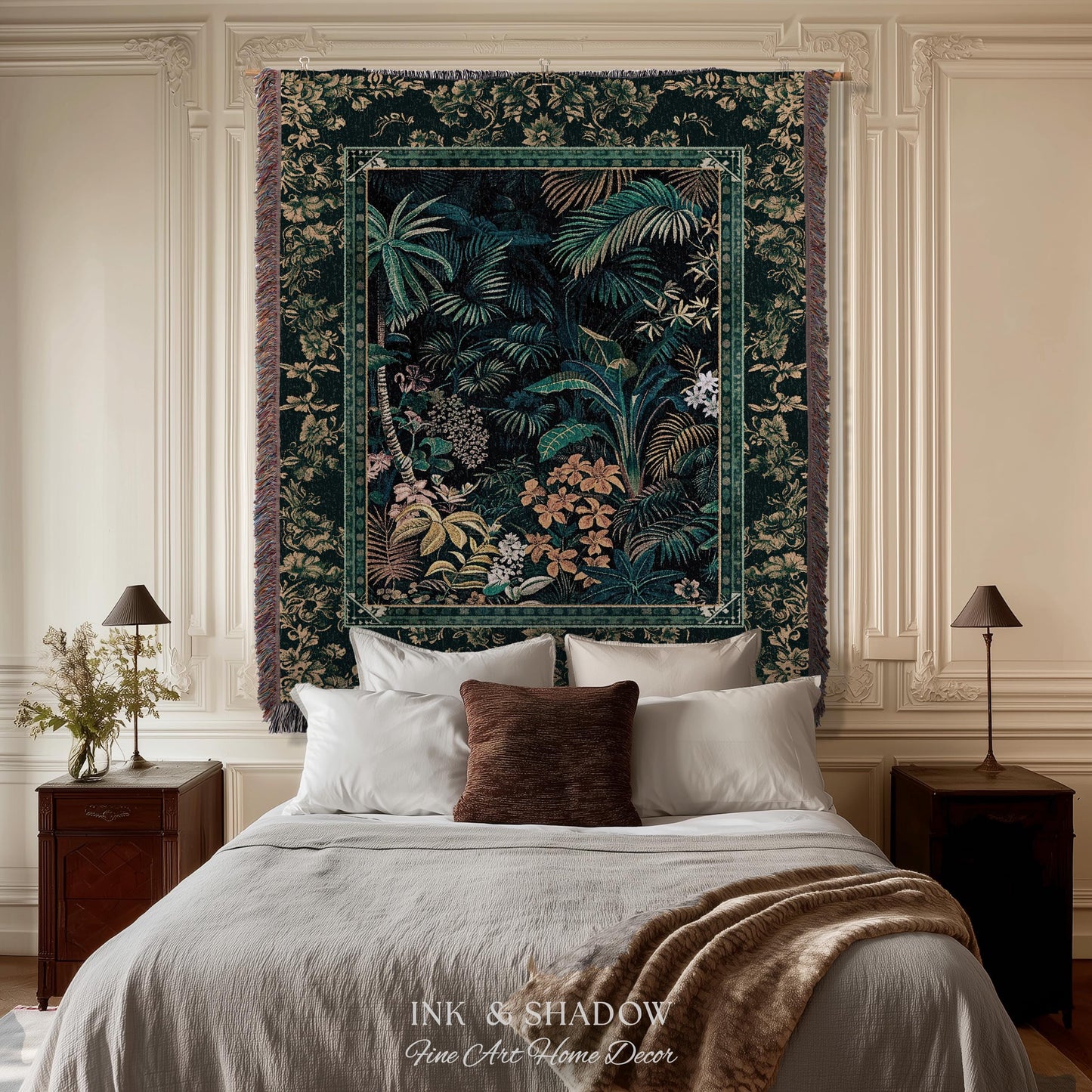 Jungle Foliage Botanical Throw Blanket | Bohemian Aesthetic Woodland Living Room Emerald Green Home Decor Plant Theme Indie Bedroom Tapestry