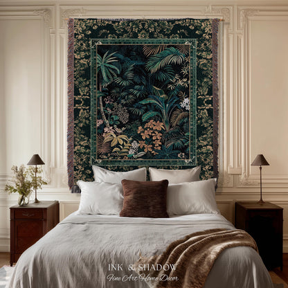 Jungle Foliage Botanical Throw Blanket | Bohemian Aesthetic Woodland Living Room Emerald Green Home Decor Plant Theme Indie Bedroom Tapestry
