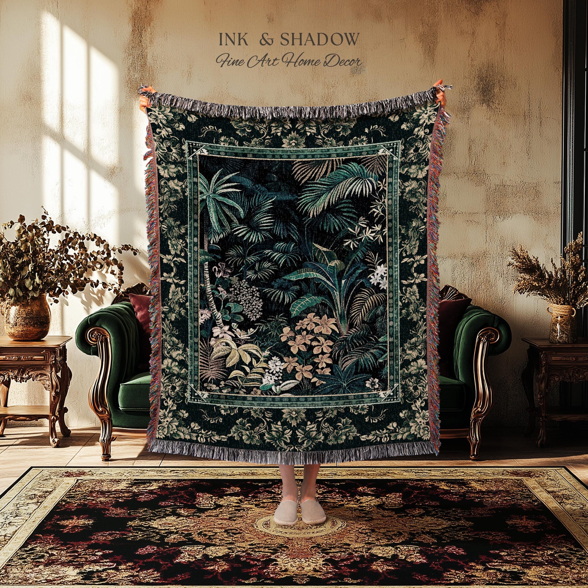 Jungle Foliage Botanical Throw Blanket | Bohemian Aesthetic Woodland Living Room Emerald Green Home Decor Plant Theme Indie Bedroom Tapestry