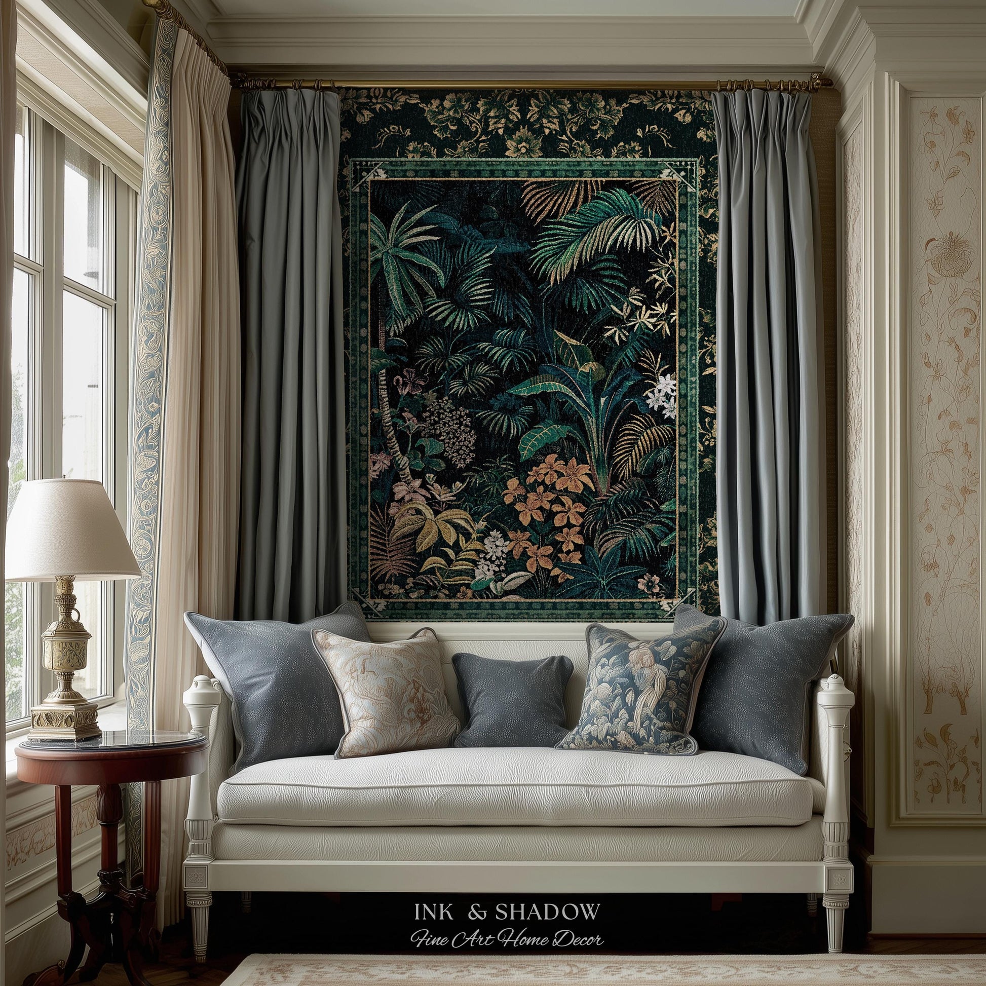 Jungle Foliage Botanical Throw Blanket | Bohemian Aesthetic Woodland Living Room Emerald Green Home Decor Plant Theme Indie Bedroom Tapestry