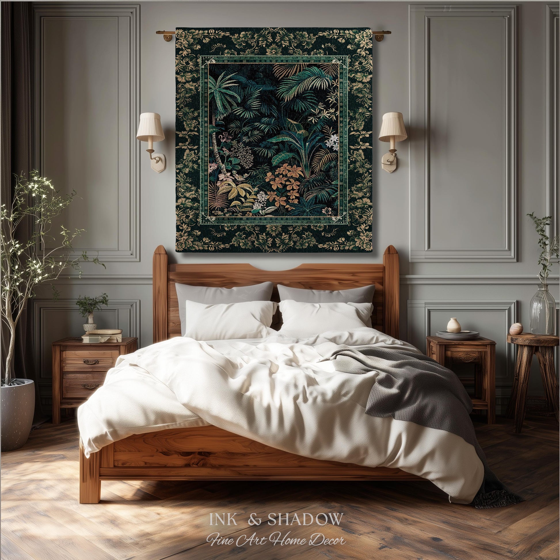 Jungle Foliage Botanical Throw Blanket | Bohemian Aesthetic Woodland Living Room Emerald Green Home Decor Plant Theme Indie Bedroom Tapestry