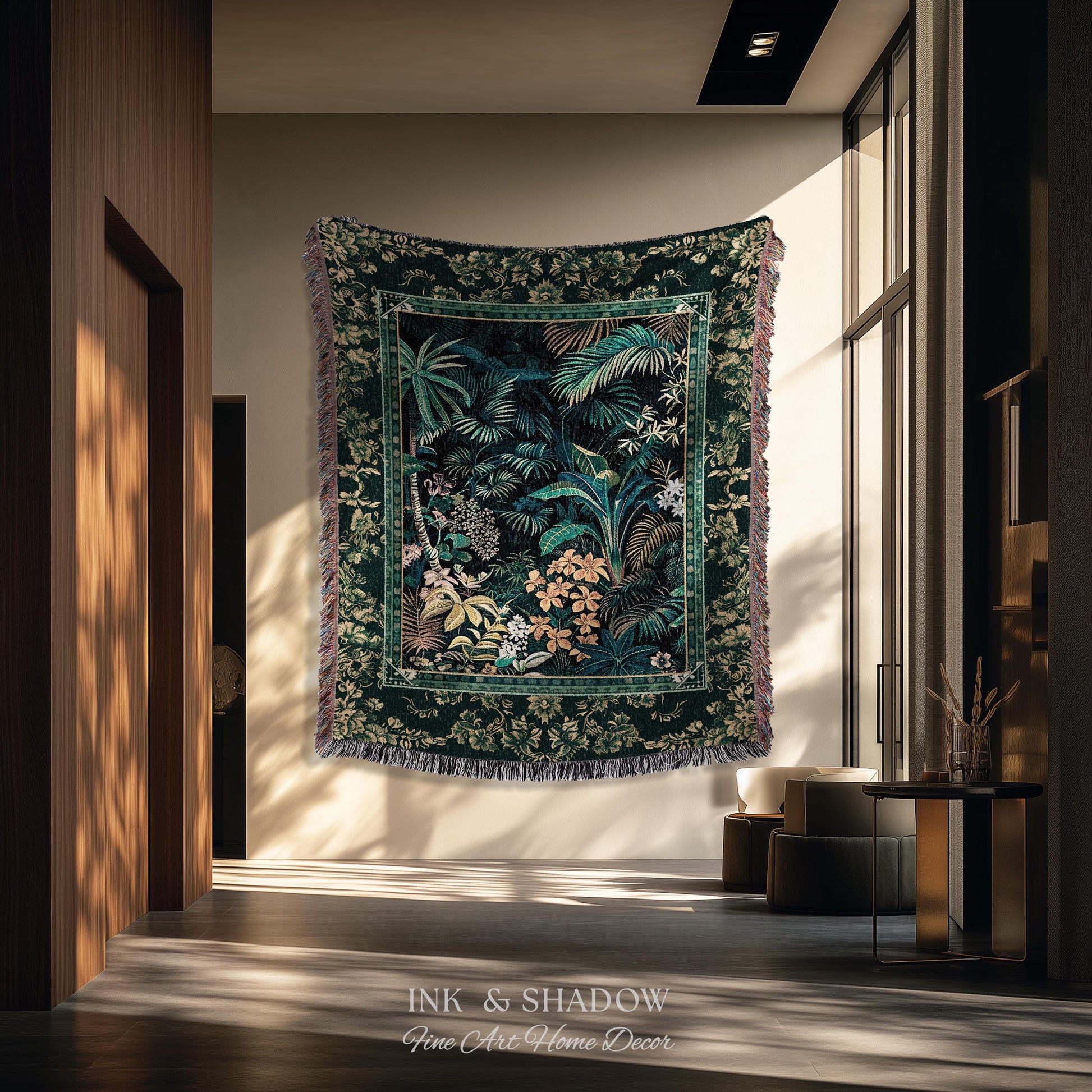 Jungle Foliage Botanical Throw Blanket | Bohemian Aesthetic Woodland Living Room Emerald Green Home Decor Plant Theme Indie Bedroom Tapestry