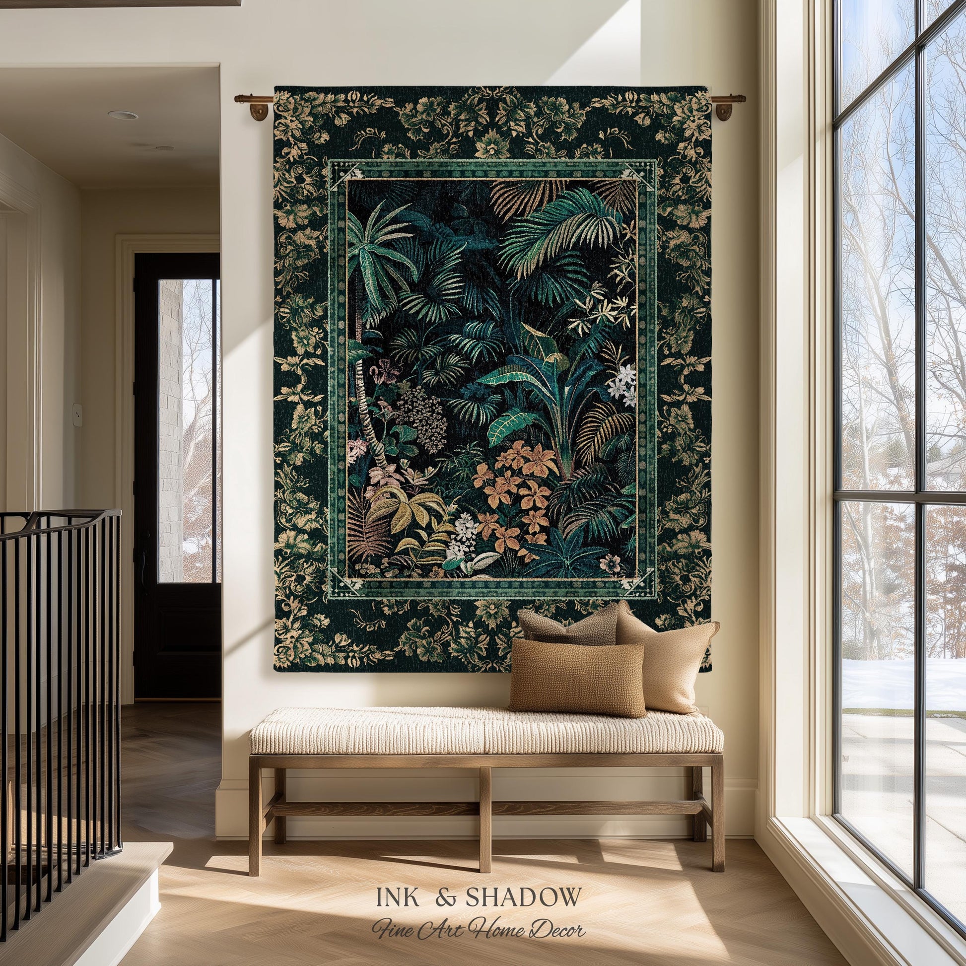 Jungle Foliage Botanical Throw Blanket | Bohemian Aesthetic Woodland Living Room Emerald Green Home Decor Plant Theme Indie Bedroom Tapestry