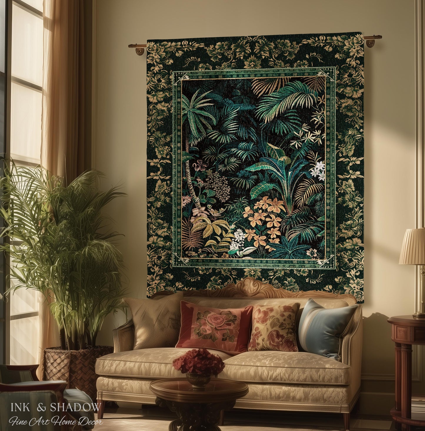Jungle Foliage Botanical Throw Blanket | Bohemian Aesthetic Woodland Living Room Emerald Green Home Decor Plant Theme Indie Bedroom Tapestry