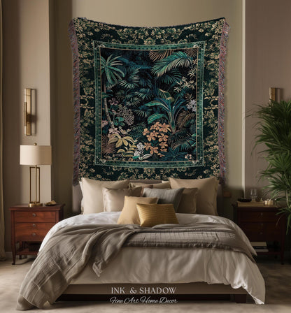 Jungle Foliage Botanical Throw Blanket | Bohemian Aesthetic Woodland Living Room Emerald Green Home Decor Plant Theme Indie Bedroom Tapestry