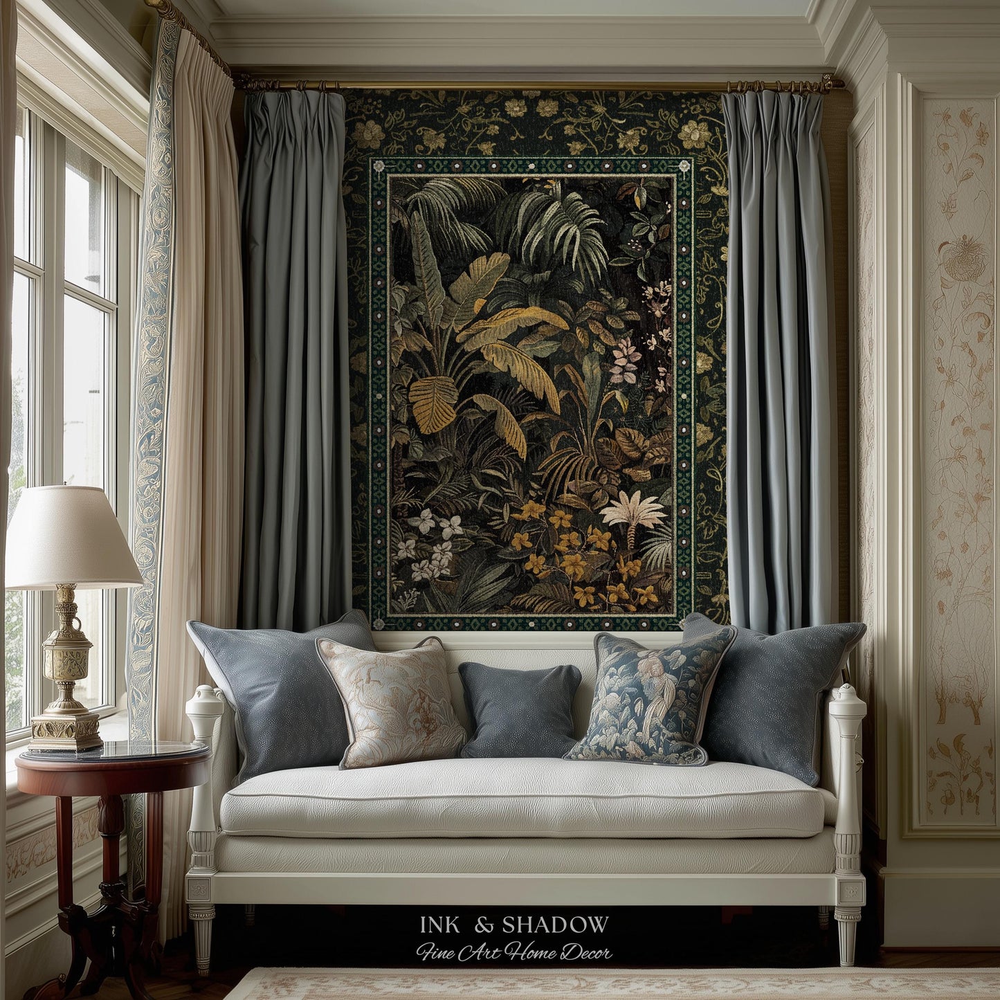 Whimsical Botanical Jungle Woven Tapestry, Forest Aesthetic Woodland Living Room Mystical Home Decor Plant Themed Ethereal Book Nook Blanket