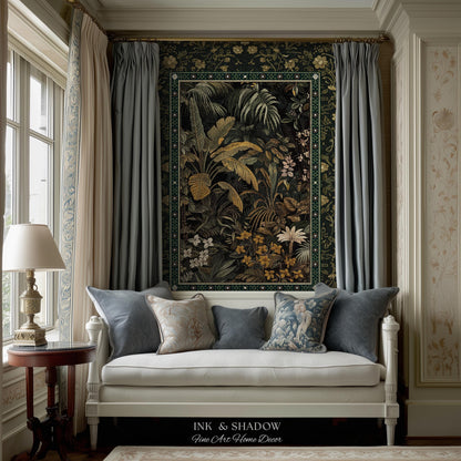Whimsical Botanical Jungle Woven Tapestry, Forest Aesthetic Woodland Living Room Mystical Home Decor Plant Themed Ethereal Book Nook Blanket