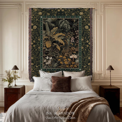 Whimsical Botanical Jungle Woven Tapestry, Forest Aesthetic Woodland Living Room Mystical Home Decor Plant Themed Ethereal Book Nook Blanket