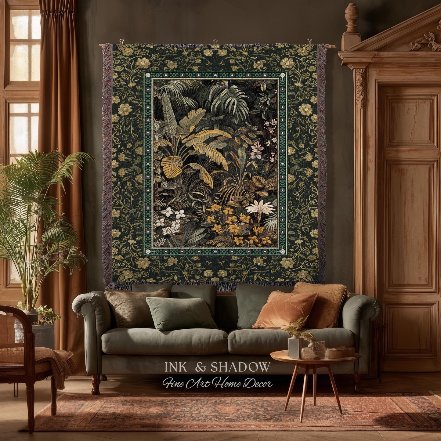 Whimsical Botanical Jungle Woven Tapestry, Forest Aesthetic Woodland Living Room Mystical Home Decor Plant Themed Ethereal Book Nook Blanket