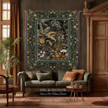 Whimsical Botanical Jungle Woven Tapestry, Forest Aesthetic Woodland Living Room Mystical Home Decor Plant Themed Ethereal Book Nook Blanket