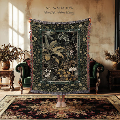 Whimsical Botanical Jungle Woven Tapestry, Forest Aesthetic Woodland Living Room Mystical Home Decor Plant Themed Ethereal Book Nook Blanket