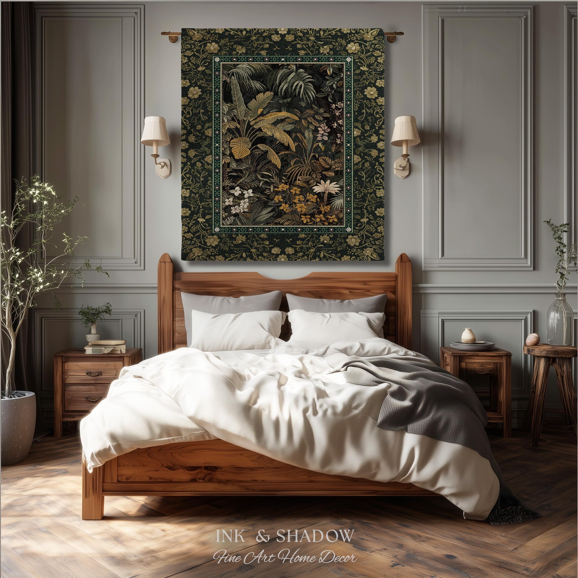 Whimsical Botanical Jungle Woven Tapestry, Forest Aesthetic Woodland Living Room Mystical Home Decor Plant Themed Ethereal Book Nook Blanket