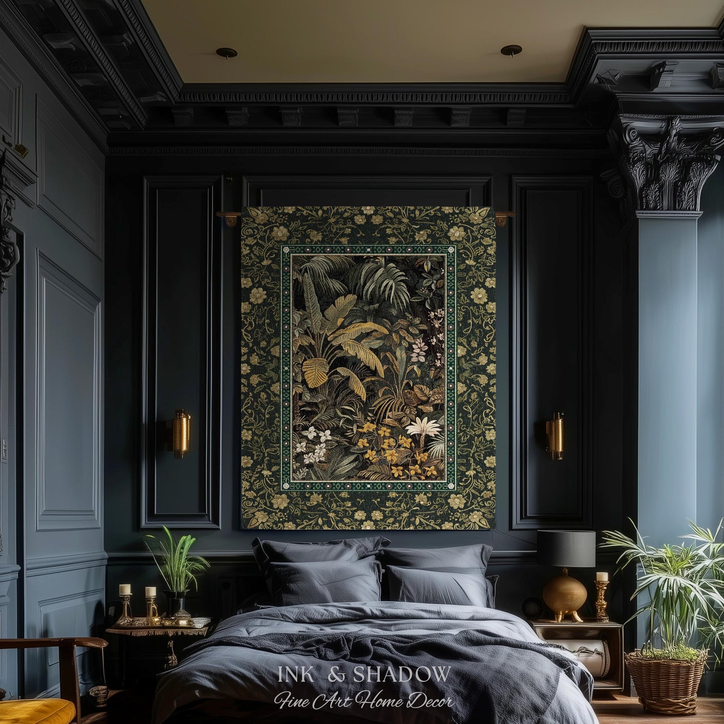 Whimsical Botanical Jungle Woven Tapestry, Forest Aesthetic Woodland Living Room Mystical Home Decor Plant Themed Ethereal Book Nook Blanket