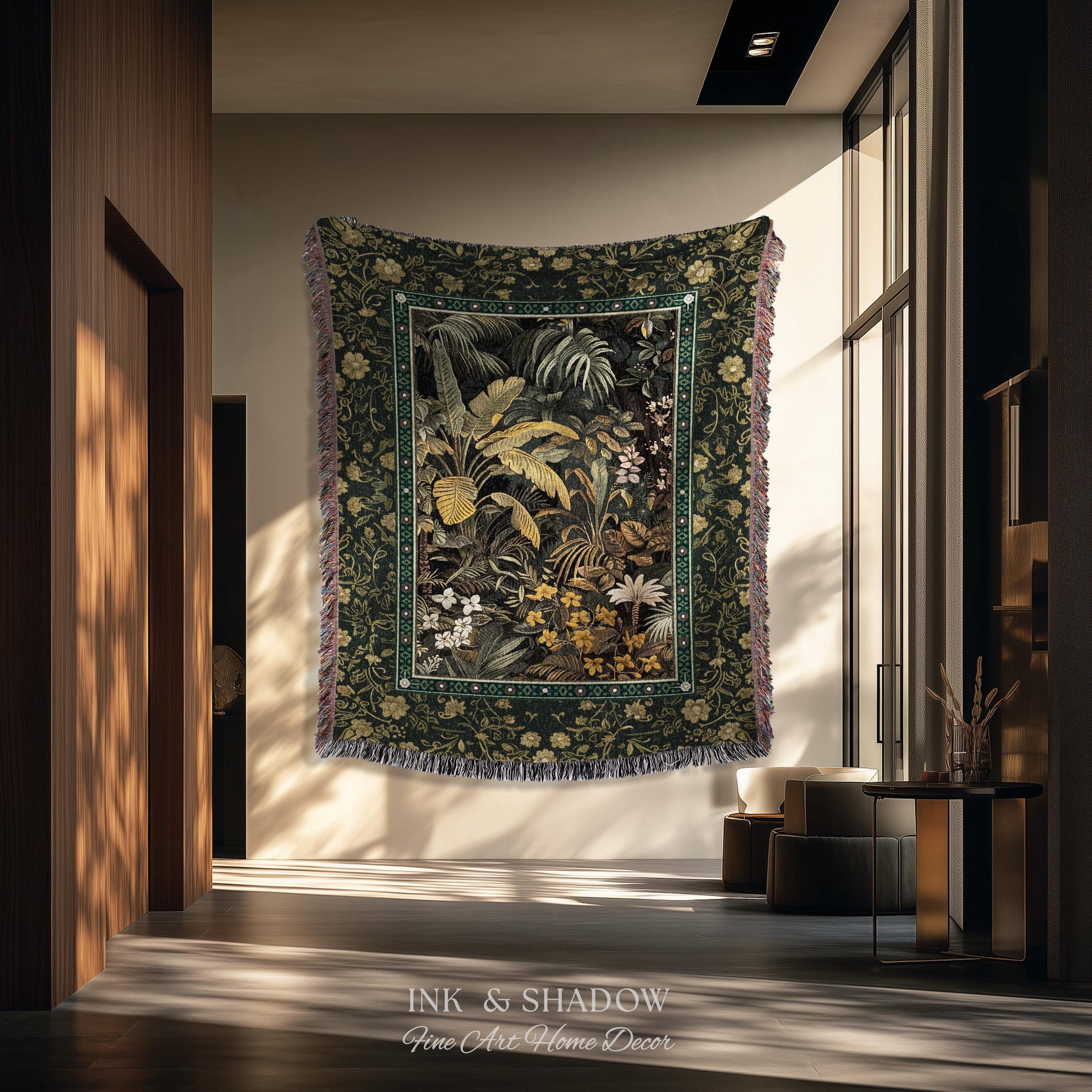Whimsical Botanical Jungle Woven Tapestry, Forest Aesthetic Woodland Living Room Mystical Home Decor Plant Themed Ethereal Book Nook Blanket