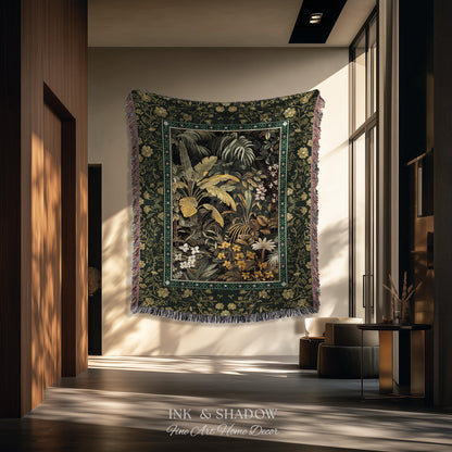 Whimsical Botanical Jungle Woven Tapestry, Forest Aesthetic Woodland Living Room Mystical Home Decor Plant Themed Ethereal Book Nook Blanket