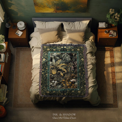Whimsical Botanical Jungle Woven Tapestry, Forest Aesthetic Woodland Living Room Mystical Home Decor Plant Themed Ethereal Book Nook Blanket