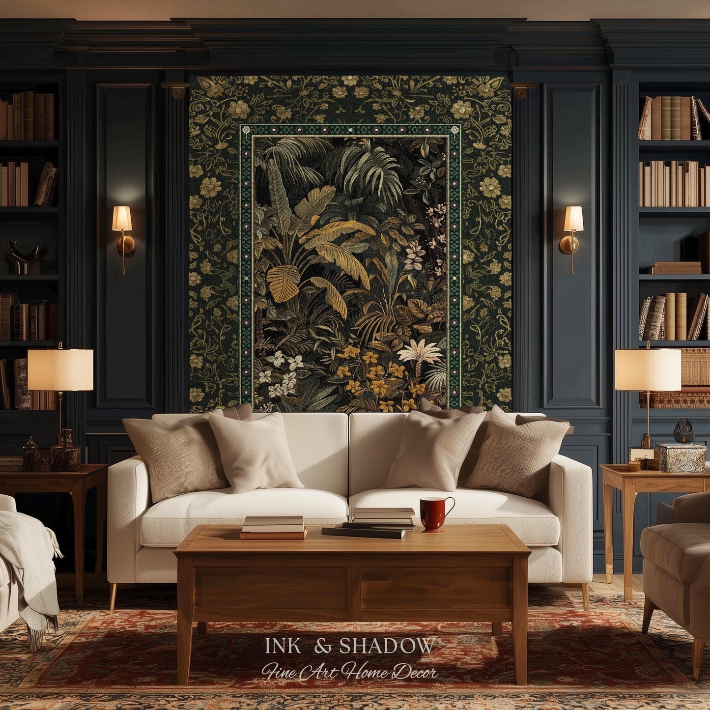 Whimsical Botanical Jungle Woven Tapestry, Forest Aesthetic Woodland Living Room Mystical Home Decor Plant Themed Ethereal Book Nook Blanket