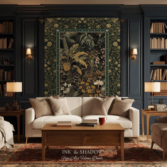 Whimsical Botanical Jungle Woven Tapestry, Forest Aesthetic Woodland Living Room Mystical Home Decor Plant Themed Ethereal Book Nook Blanket