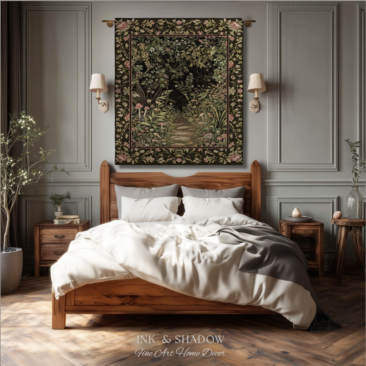 Toadstool Forest Mystical Mushroom Woven Tapestry Throw | Dark Academia Folklore Forest Fairycore Botanical Blanket Magical Medieval Decor