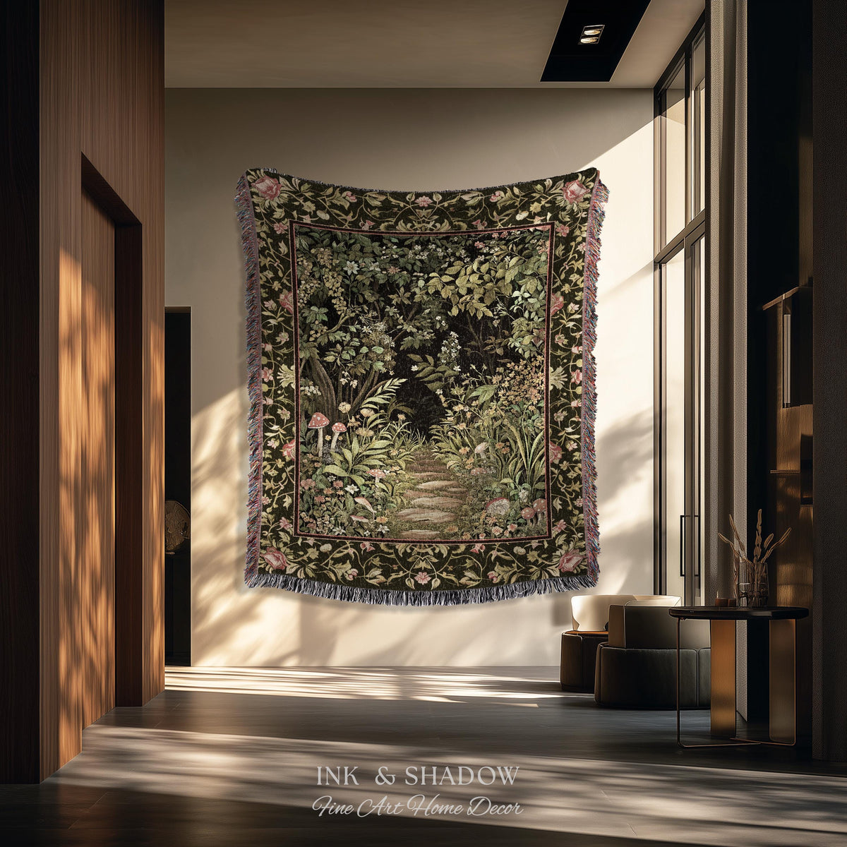 Toadstool Forest Mystical Mushroom Woven Tapestry Throw | Dark Academia Folklore Forest Fairycore Botanical Blanket Magical Medieval Decor
