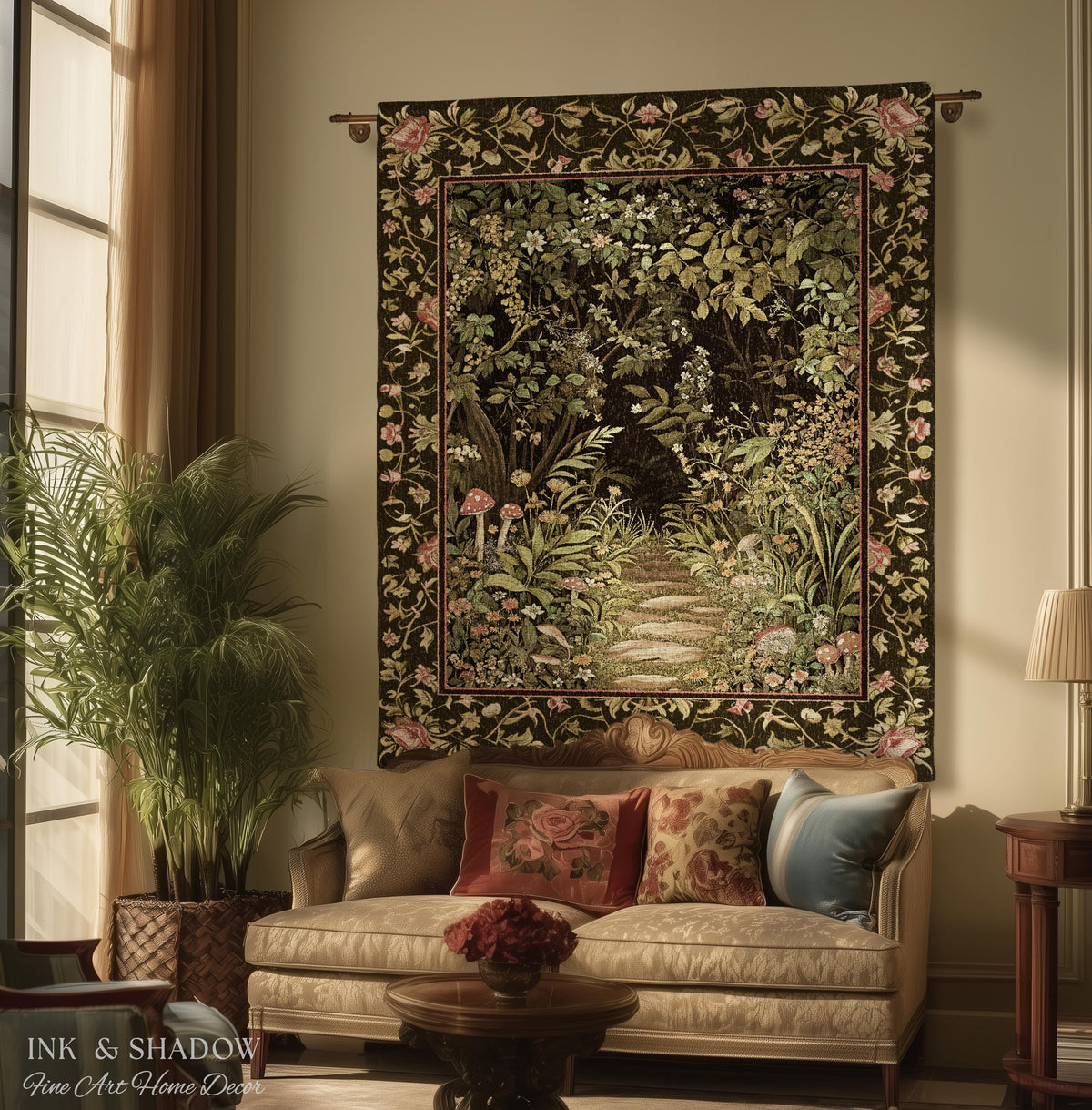Toadstool Forest Mystical Mushroom Woven Tapestry Throw | Dark Academia Folklore Forest Fairycore Botanical Blanket Magical Medieval Decor