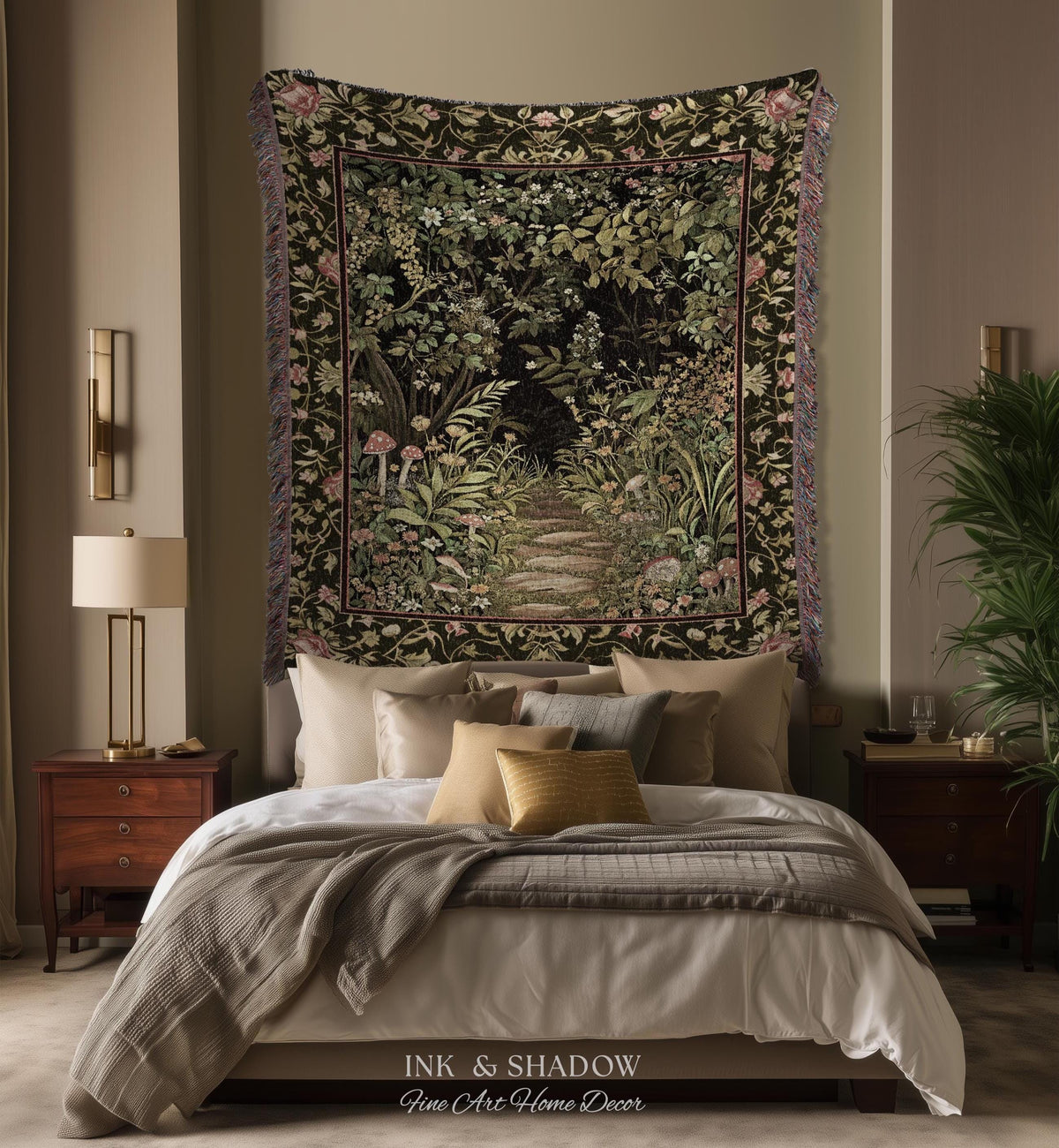 Toadstool Forest Mystical Mushroom Woven Tapestry Throw | Dark Academia Folklore Forest Fairycore Botanical Blanket Magical Medieval Decor