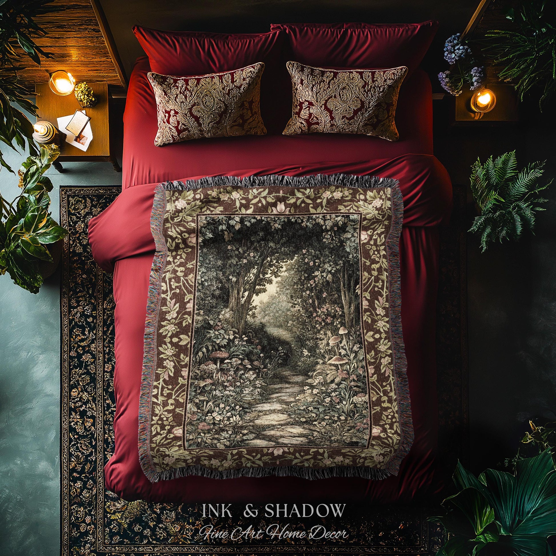 Fairy Ethereal Forest Tapestry Blanket Mystic Dark Academia Folklore Inspired, Magical Medieval Forestcore Botanical Woodland Woven Throw