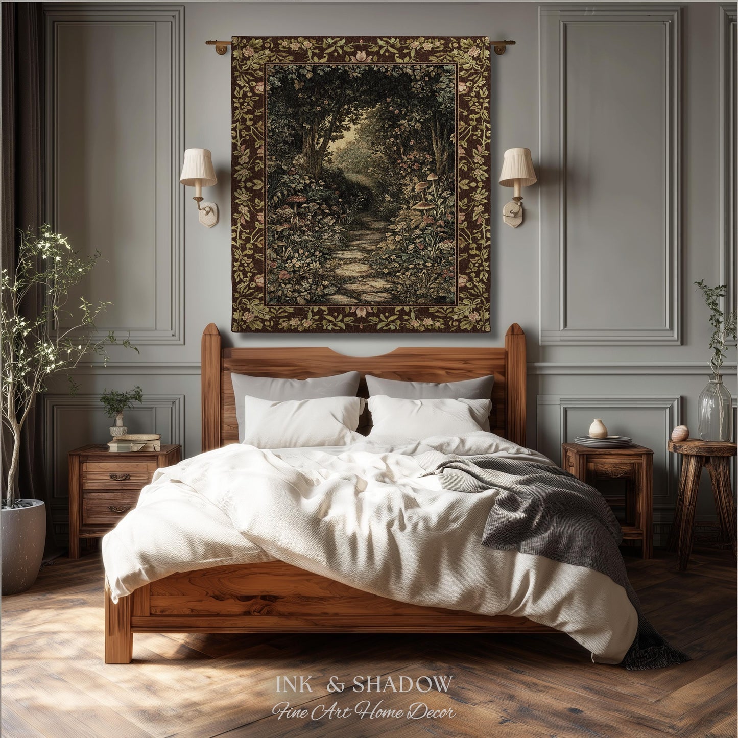 Fairy Ethereal Forest Tapestry Blanket Mystic Dark Academia Folklore Inspired, Magical Medieval Forestcore Botanical Woodland Woven Throw