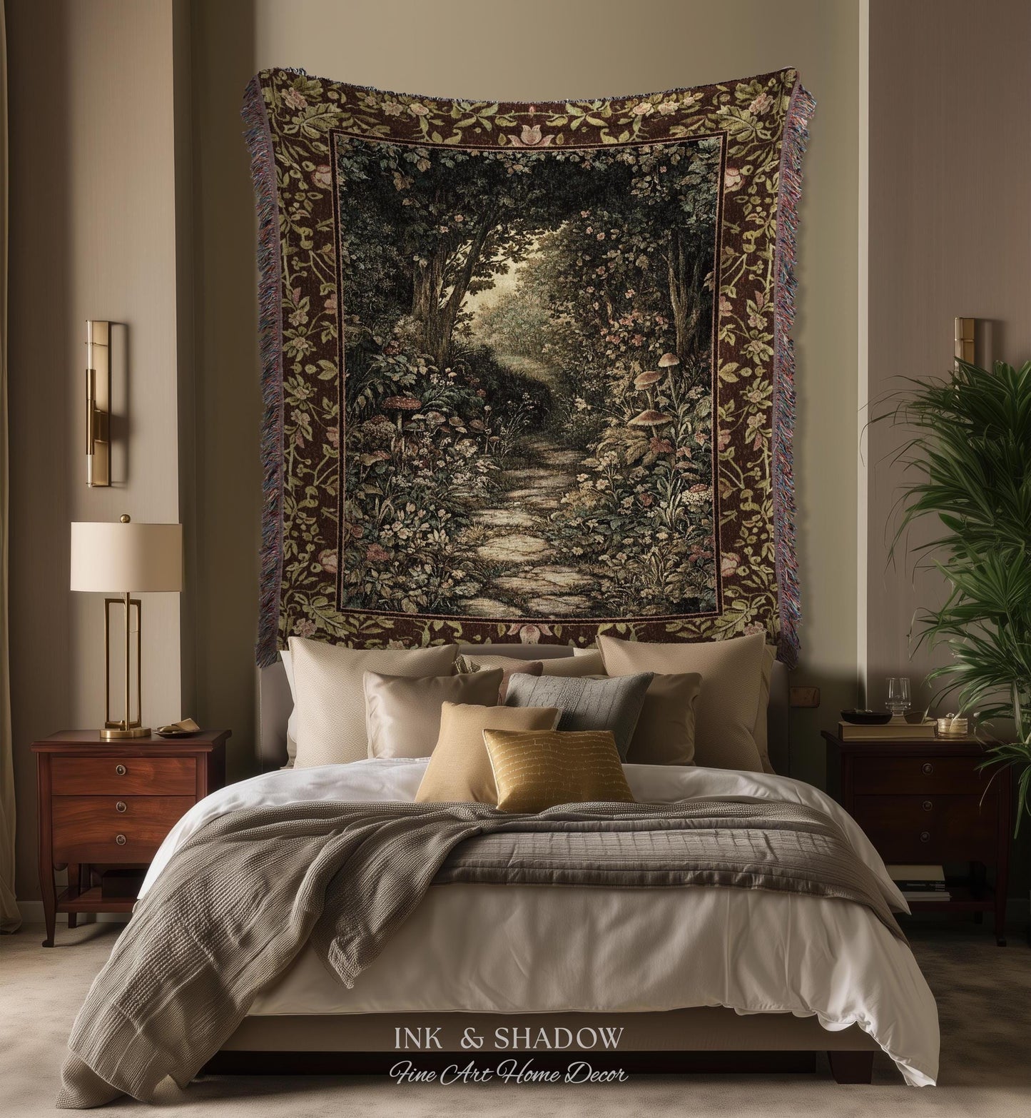 Fairy Ethereal Forest Tapestry Blanket Mystic Dark Academia Folklore Inspired, Magical Medieval Forestcore Botanical Woodland Woven Throw