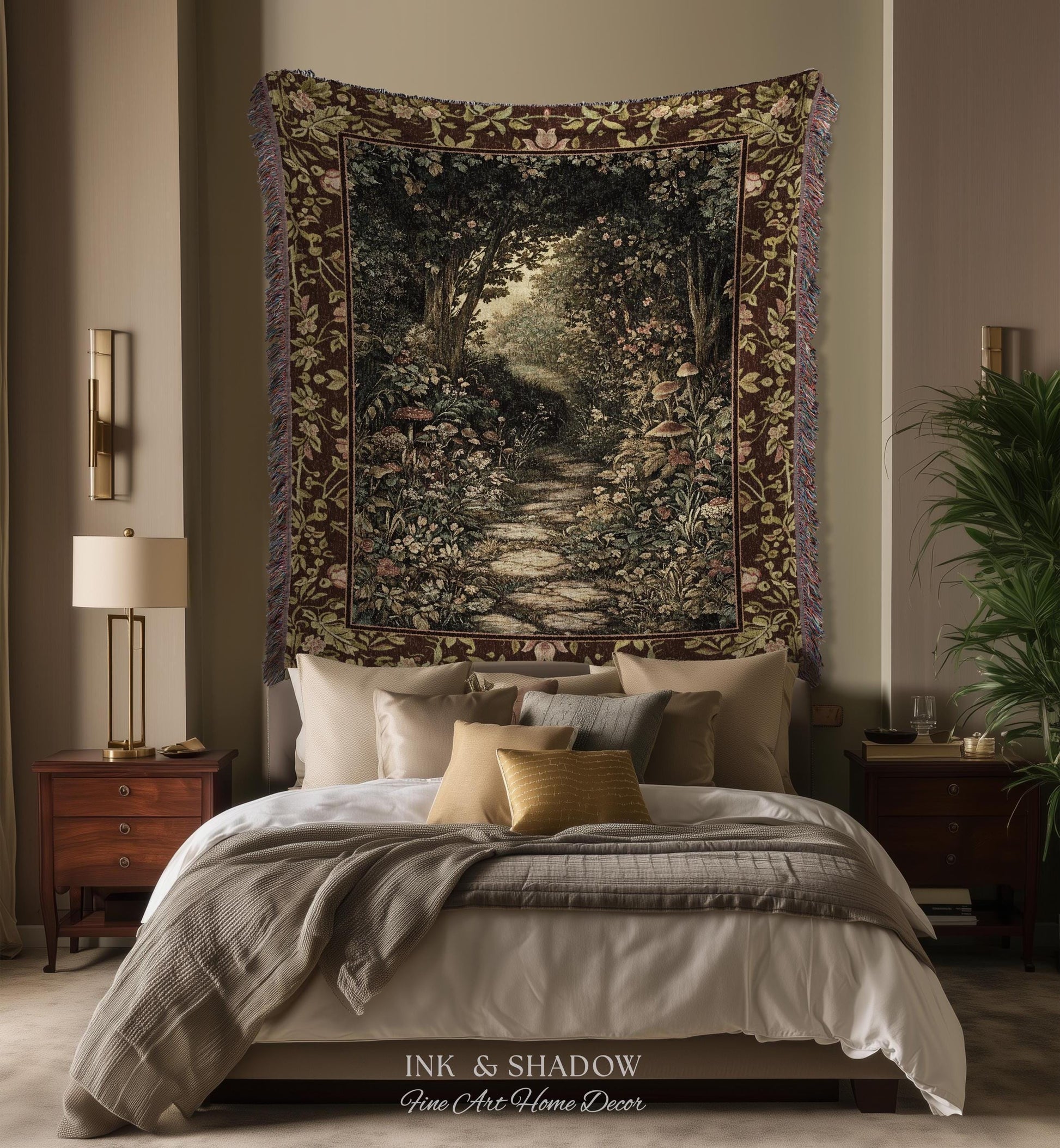 Fairy Ethereal Forest Tapestry Blanket Mystic Dark Academia Folklore Inspired, Magical Medieval Forestcore Botanical Woodland Woven Throw