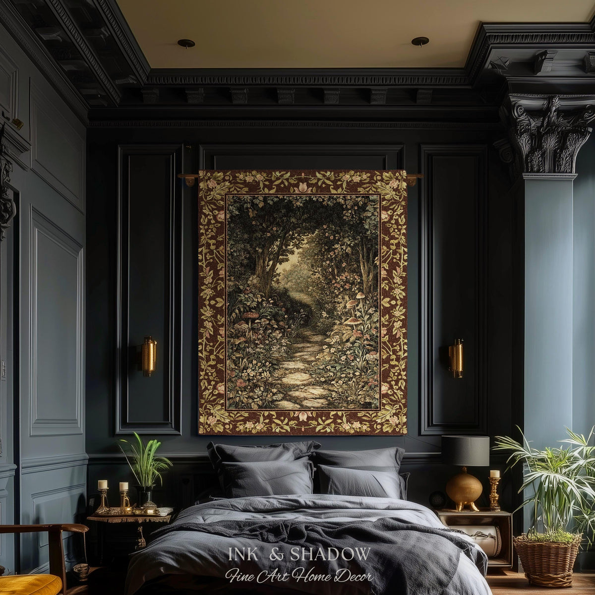Fairy Ethereal Forest Tapestry Blanket Mystic Dark Academia Folklore Inspired, Magical Medieval Forestcore Botanical Woodland Woven Throw