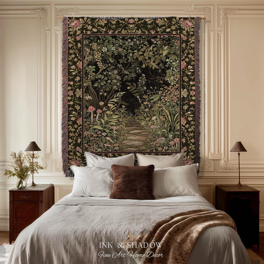 Toadstool Forest Mystical Mushroom Woven Tapestry Throw | Dark Academia Folklore Forest Fairycore Botanical Blanket Magical Medieval Decor