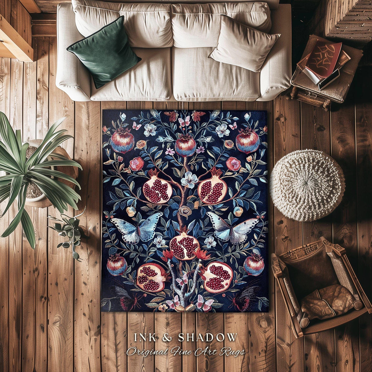 Moody Dark Botanical Pomegranate Art Rug Victorian Nouveau Butterfly Forestcore, Mystic Woodland Whimsigothic Fruit Enchanted Forest Florals