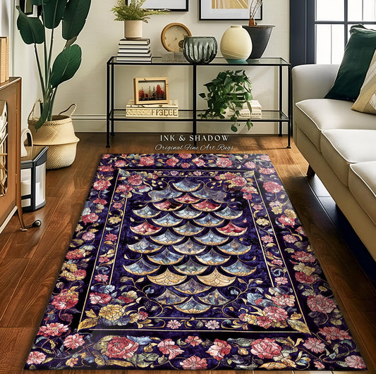 May include: A rectangular area rug with a dark blue background and a floral border. The center features a repeating pattern of overlapping shapes in shades of blue, pink, and gold. The rug is labeled "INK & SHADOW Original Fine Art Rugs."