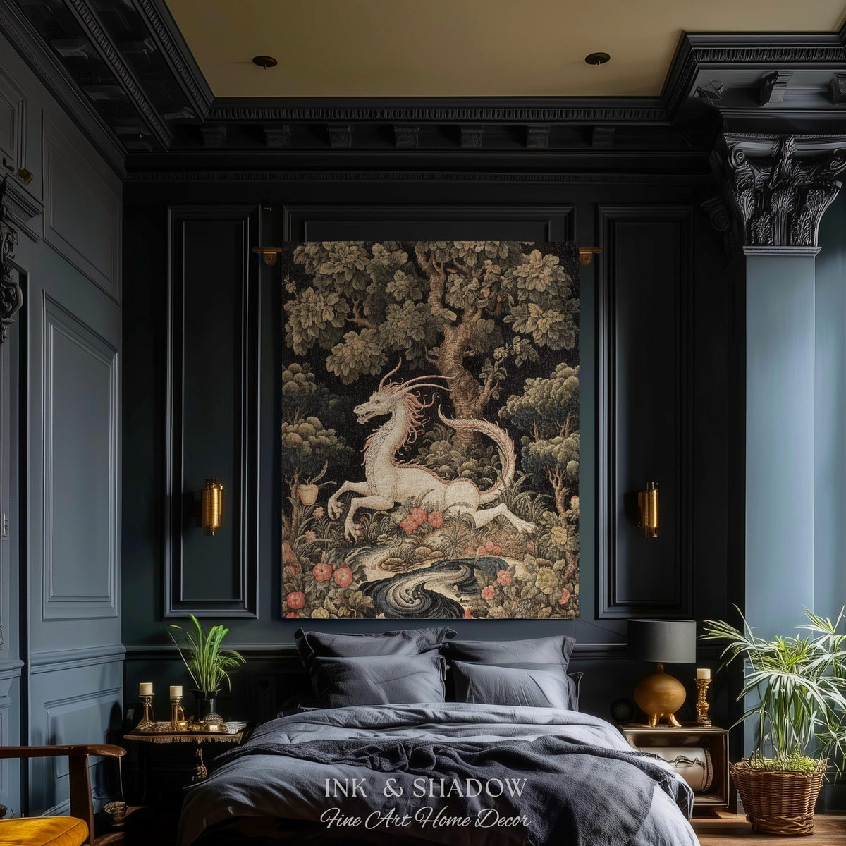 Medieval Dragon Blanket Woven | Crowcore Tapestry Cottagecore Room Decor Dark Academia Aesthetic Gothic Maximalist Gift For Goths Throw |