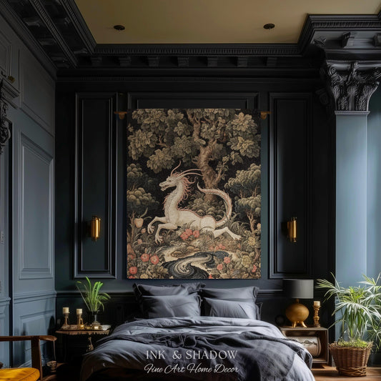 Medieval Dragon Blanket Woven | Crowcore Tapestry Cottagecore Room Decor Dark Academia Aesthetic Gothic Maximalist Gift For Goths Throw |
