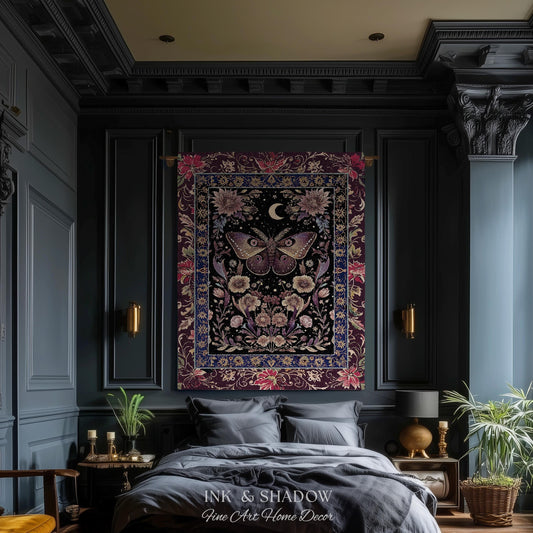 Mystic Moth Moon Woven Throw Blanket Whimsigothic Purple Dark Cottgecore Decor | Whimsical Boho Butterfly Dark Floral Fairycore Tapestry