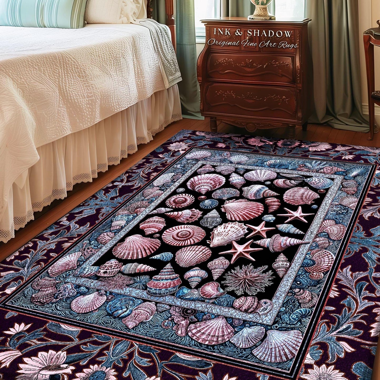 Dreamy Marine Sea Shell Whimsy Area Rug | Beach Inspired Nautical Bedroom Coastal Floor Art Fairycore Ocean Fantasy Starfish Accent Decor