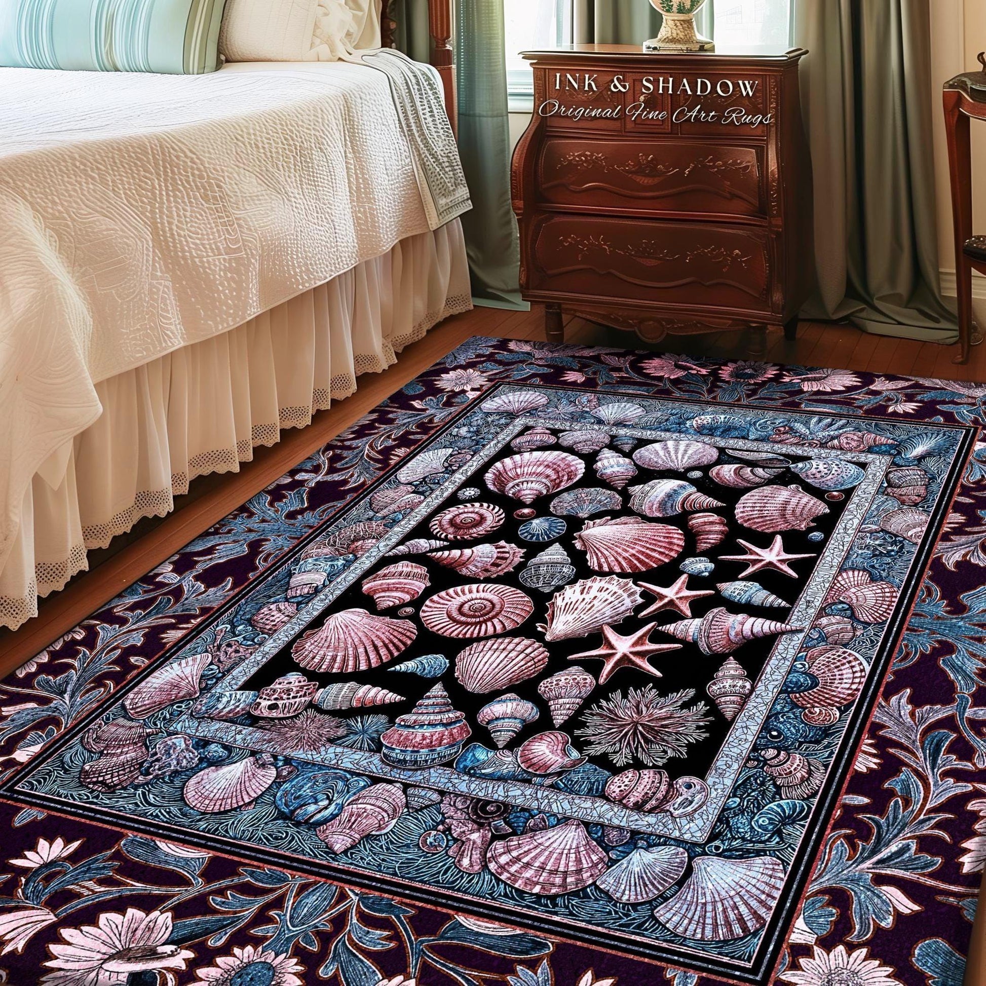 Dreamy Marine Sea Shell Whimsy Area Rug | Beach Inspired Nautical Bedroom Coastal Floor Art Fairycore Ocean Fantasy Starfish Accent Decor