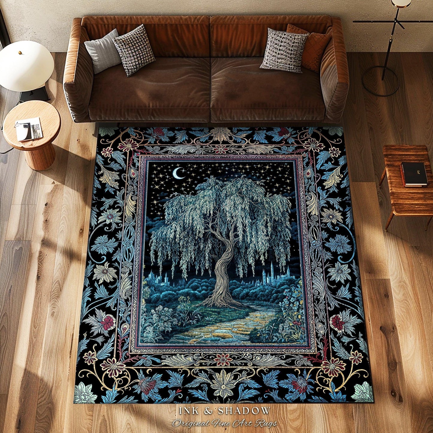 Starry Night Weeping Willow Tree Runner Rug | Woodland Folklore Moonlit Celestial Castle Fairytale Decor Ethereal Witchy Whimsy Floor Accent