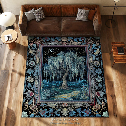 Starry Night Weeping Willow Tree Runner Rug | Woodland Folklore Moonlit Celestial Castle Fairytale Decor Ethereal Witchy Whimsy Floor Accent