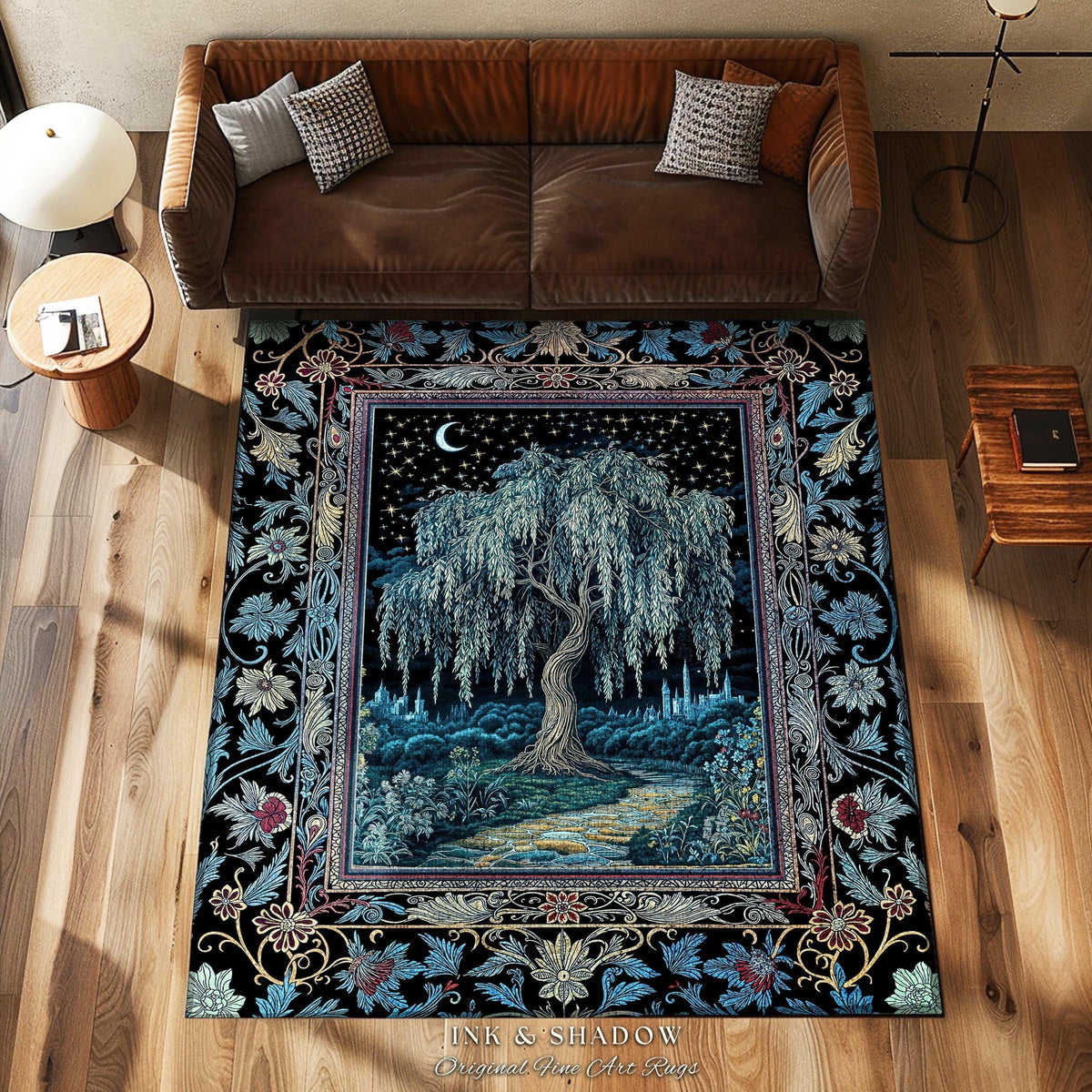 Starry Night Weeping Willow Tree Runner Rug | Woodland Folklore Moonlit Celestial Castle Fairytale Decor Ethereal Witchy Whimsy Floor Accent