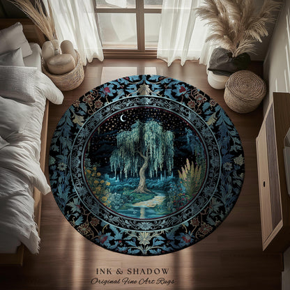 Starry Night Weeping Willow Tree Rug | Woodland Folklore Aesthetic Moonlit Castle Fairytale Decor Ethereal Witchy Home Interior Accent Boho