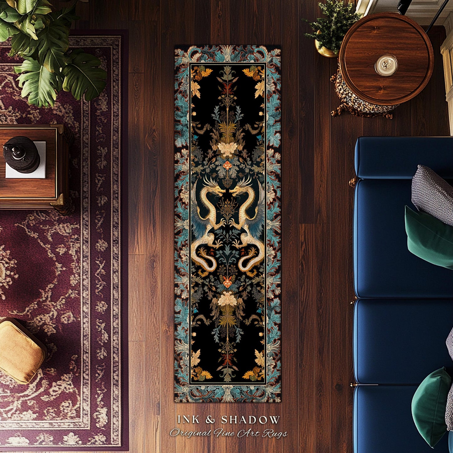 Art Deco Dragon Runner Rug Antique Mystical Baroque Style Decor | Abstract Dragon Art Rug Whimsical Aesthetic Home Dark Academia Teal Accent