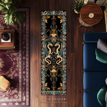 Art Deco Dragon Runner Rug Antique Mystical Baroque Style Decor | Abstract Dragon Art Rug Whimsical Aesthetic Home Dark Academia Teal Accent