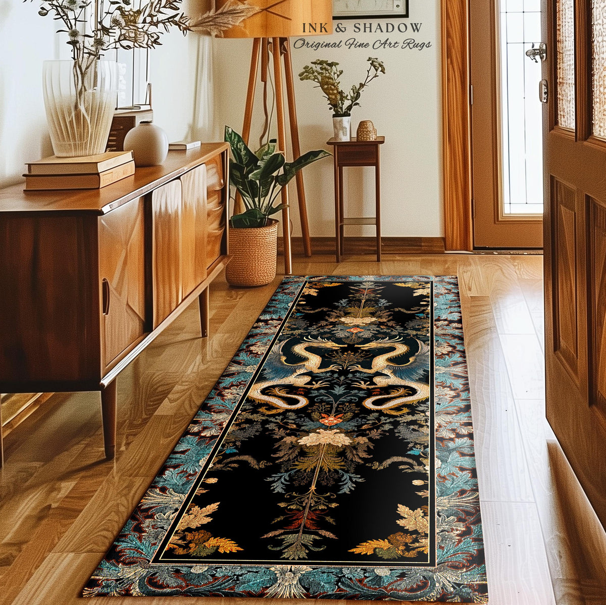 Art Deco Dragon Runner Rug Antique Mystical Baroque Style Decor | Abstract Dragon Art Rug Whimsical Aesthetic Home Dark Academia Teal Accent